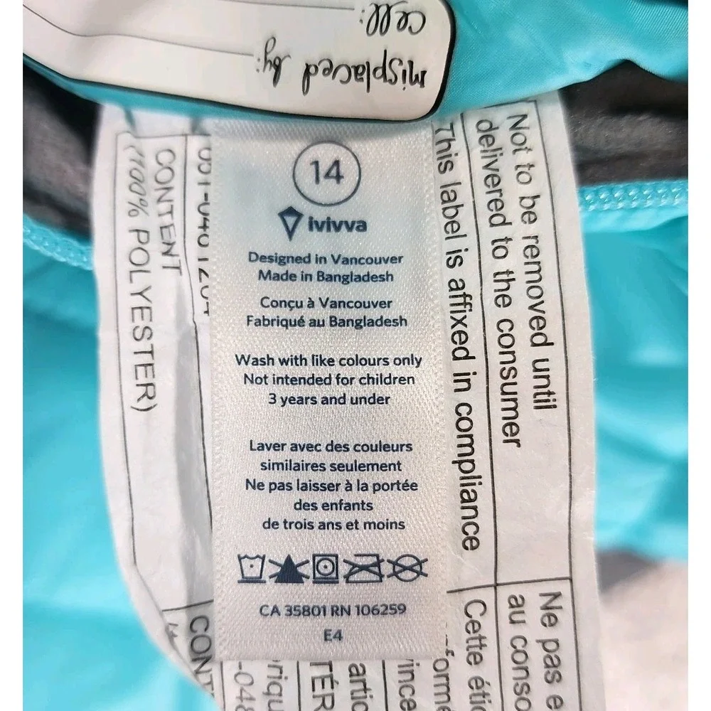 Ivivva by Lululemon Reversible‎ Hooded Puffer Vest Girls 14 Aqua Gray Quilted